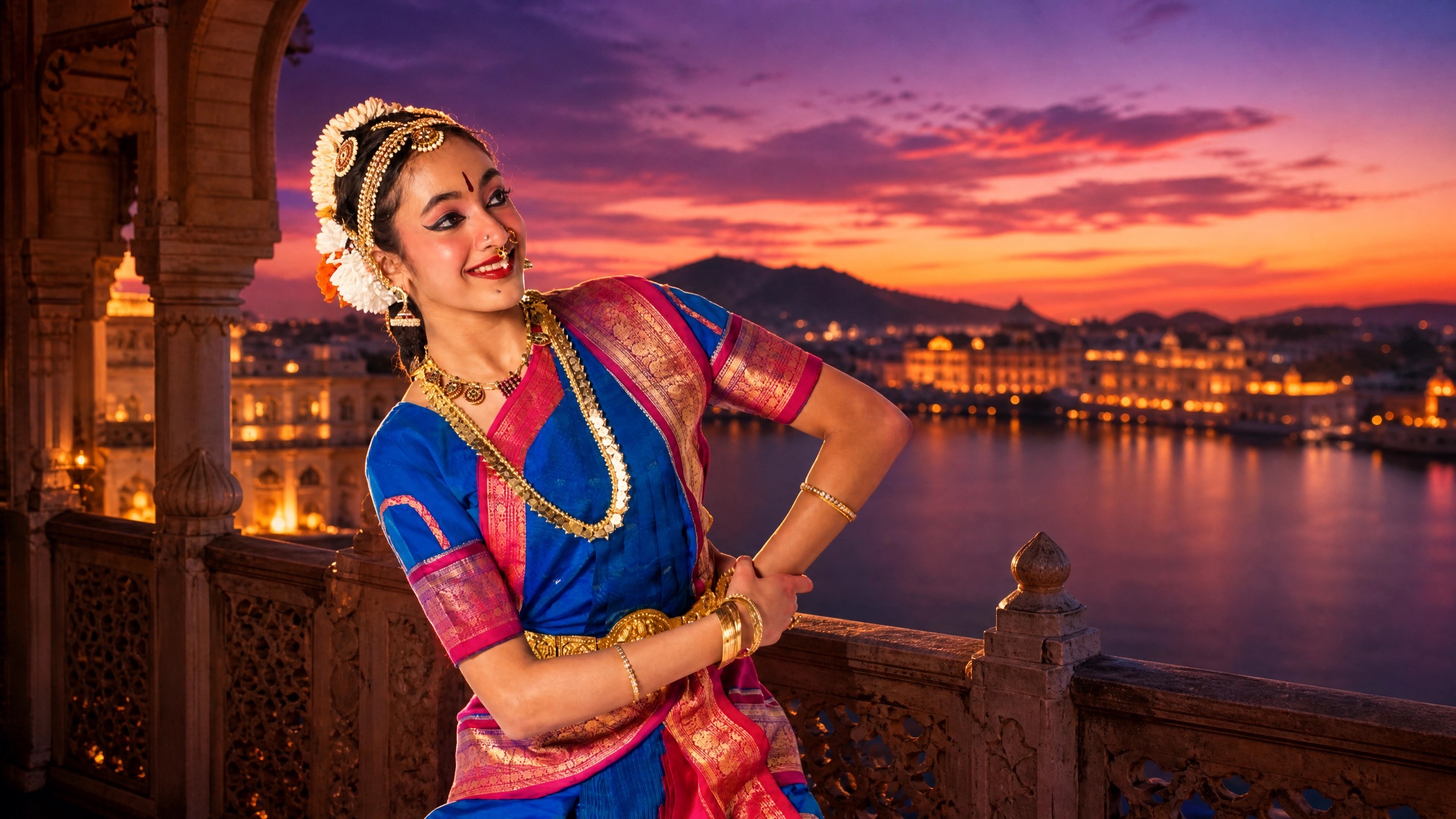 Aditi in blue and pink costume